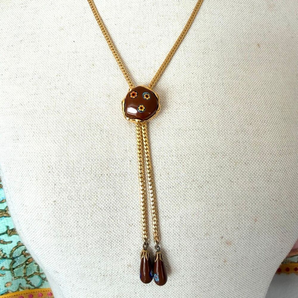 Vintage Millefiori Glass Adjustable Bolo Lariat Necklace Gold Tone